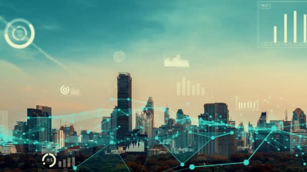 Interfejs Analityczny Danych Biznesowych Przelatuje Nad Smart City Pokazując Zmieniającą — Wideo stockowe