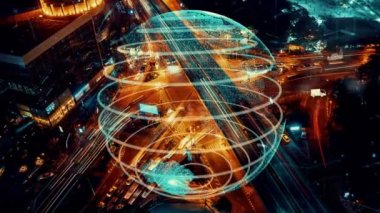 Geleceğin trafik kontrolü için akıllı ulaşım teknolojisi değiştirme konsepti. Sanal akıllı sistem sürücü için şehir caddesindeki araç verilerini bağlamak için sürüş bilgisi analizi yapıyor .