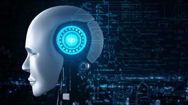 第4次産業革命のためのAi思考脳 人工知能 機械学習プロセスによる工学科学研究のグラフィックコンセプトとロボット人類似の顔を閉じます 3Dレンダリング — ストック動画