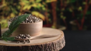 Ahşap kasede bulunan kenevir tohumu bahçedeki yetiştirilmiş kenevir bitkisinin bulanık arka planına sahip yasal yetiştirme tesisinde, kapalı alandaki kenevir tarlasında. Tıbbi amaçlar için kapalı alandaki çiftlikte kenevir tohumu..