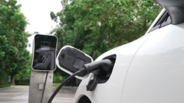 Elektrikli araba parkı ve şarj istasyonunun yanında şarj edilen enerji konseptinin sürdürülebilirliği. Çevresel koruma için yenilenebilir enerji tarafından kullanılan elektrikli araç.