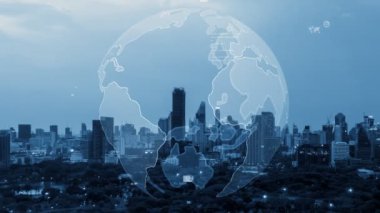Akıllı şehirde küresel bağlantı ve internet ağı değişikliği. Gelecekteki kablosuz dijital bağlantı ve sosyal medya ağı kavramı .