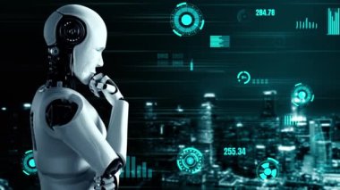 Futuristic robot artificial intelligence huminoid AI for industrial factory technology development and machine learning concept. robotic bionic science research for future of human life. 3D rendering.