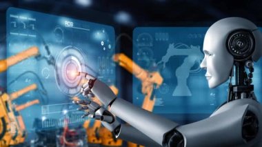 Cybernated industry robot and robotic arms for assembly in factory production . Concept of artificial intelligence for industrial revolution and automation manufacturing process .