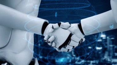 Future financial technology controll by AI robot huminoid uses machine learning and artificial intelligence to analyze business data and give advice on investment and trading decision . 3D rendering .