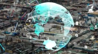 Otomasyon konseptini ve uzaktan kablosuz makine kontrolünü gösteren bir bilgisayar yazılımında fütüristik HUD kullanarak inşaat teknolojisi konsepti üzerinde değişiklik grafiği içeren konsept .