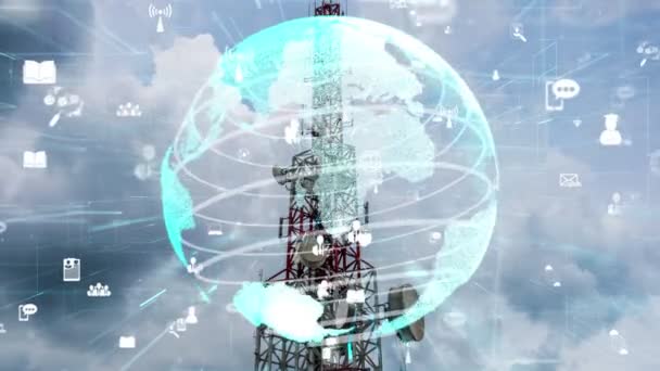 Torre Telecomunicações Com Gráfico Alteração Negócios Global Commerce Contra Céu — Vídeo de Stock