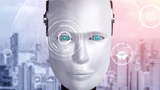 Robot Hominoid Ansikte Närbild Med Grafiska Begreppet Tänkande Hjärna Artificiell — Stockvideo