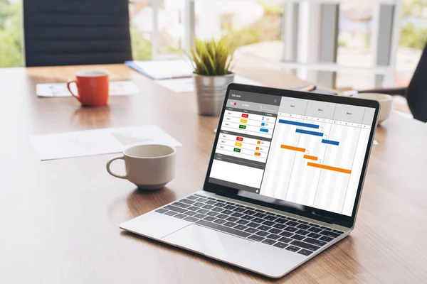 Project planning software for modish business project management on the computer screen showing timeline chart of the team project