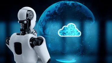 AI robot huminoid uses cloud computing technology to store data on online server . Futuristic concept of cloud information storage analyzed by machine learning process . 3D rendering .