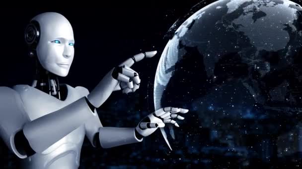 Hominoid Robot Dotykając Ekranu Hologramu Pokazuje Koncepcję Globalnej Sieci Komunikacyjnej — Wideo stockowe