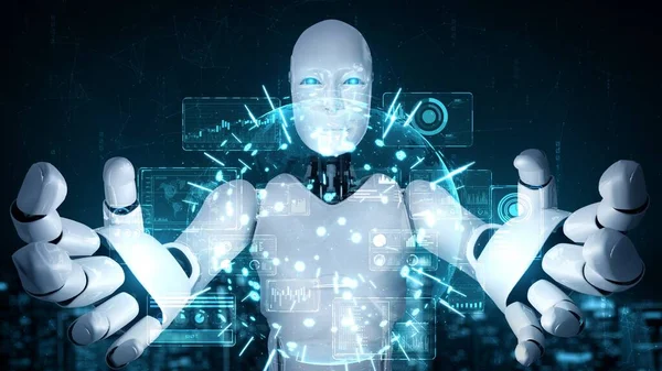 Hominoid Robot Holding Virtual Hologram Screen Showing Concept Big Data — Φωτογραφία Αρχείου