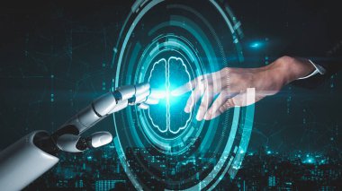 Gelecekçi robot yapay zeka yapay zeka yapay zekayı aydınlatıyor ve makine öğrenme kavramını geliştiriyor. İnsan hayatının geleceği için küresel robot biyonik bilim araştırması. 3B görüntüleme grafiği.