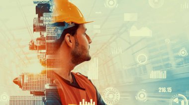 Gelecekteki bina inşaatı ve HUD hologram grafik tasarımı ile yaratıcı mühendislik projesi konsepti. İnşaat mühendisi, mimar ya da inşaat işçisi modern sivil teknoloji ile çalışıyor..