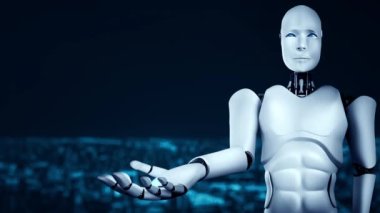 Future financial technology controll by AI robot huminoid uses machine learning and artificial intelligence to analyze business data and give advice on investment and trading decision . 3D rendering .