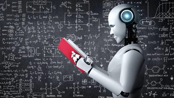 Renderowanie Robotów Hominoid Czytania Książki Rozwiązywanie Analizy Danych Matematycznych Koncepcji — Zdjęcie stockowe