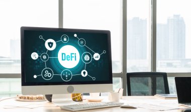 Model bilgisayar ekranında merkezi olmayan finans veya DeFi kavramı. Defi sistemi yeni yatırım ve tasarruf seçenekleri sunuyor .