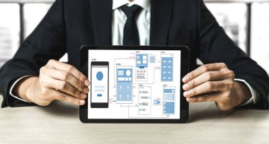 Model mobil uygulama ve web sitesi için UX UI tasarım süreci. Profesyonel uygulama geliştiricisi için kablo grafiğinin yaratıcı prototipi .