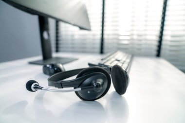 Essential equipment concept for competent online operators, call service agents, or online working. Customer service equipment, as well as helpdesk tools.