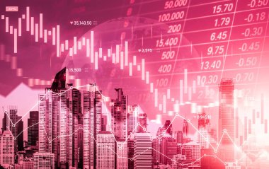 Stock market crash, declined economic, graph falling down and digital indicators overlaps modernistic city. Double exposure.