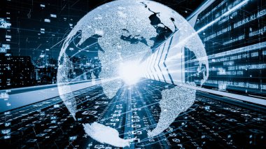 Fütürist küresel ağ ve dijital veri transferi 3D grafik. Yeni bilgi çağındaki küresel eğilimleri değiştiren akıllı dijital dönüşüm ve teknoloji bozulması kavramı .