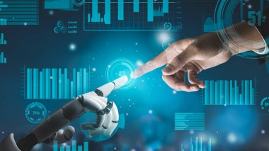 Gelecekçi robot yapay zeka devrimci yapay zeka teknoloji geliştirme ve makine öğrenme kavramı. İnsan hayatının geleceği için küresel robot biyonik bilim araştırması. 3B görüntüleme grafiği.