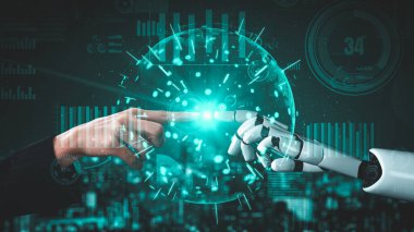 Gelecekçi robot yapay zeka yapay zeka yapay zekayı aydınlatıyor ve makine öğrenme kavramını geliştiriyor. İnsan hayatının geleceği için küresel robot biyonik bilim araştırması. 3B görüntüleme grafiği.