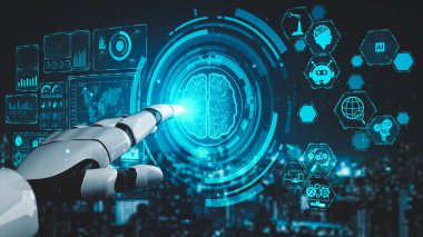 Gelecekçi robot yapay zeka yapay zeka yapay zekayı aydınlatıyor ve makine öğrenme kavramını geliştiriyor. İnsan hayatının geleceği için küresel robot biyonik bilim araştırması. 3B görüntüleme grafiği.