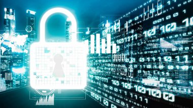 Siber güvenlik ve çevrimiçi veri koruması. Güvenli şifreleme yazılımıyla. Yeni bilgi çağındaki küresel eğilimleri değiştiren akıllı dijital dönüşüm ve teknoloji bozulması kavramı .