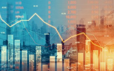 Economic crisis concept shown by declining graphs and digital indicators overlap modernistic city background. Double exposure.