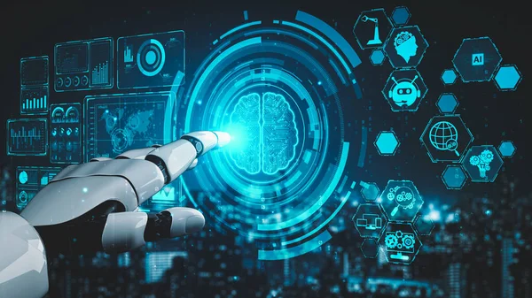 Robô Futurista Inteligência Artificial Esclarecedor Desenvolvimento Tecnologia Conceito Aprendizado Máquina — Fotografia de Stock