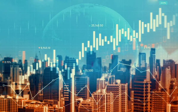 Financial Graphs Digital Indicators Overlap Modernistic Urban Area Skyscrabber Stock — 스톡 사진