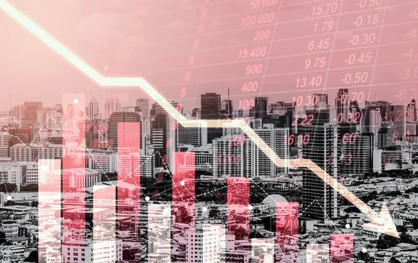 Economic Crisis Concept Shown Digital Indicators Graphs Falling Modernistic Urban — Stockfoto