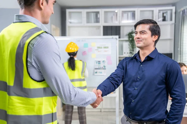 Engineer Protective Vest Handshake Investor His Office Successful Meeting Employee — Stock Fotó
