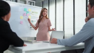 Competent office workers from various nationalities are debating, discussing and brainstorming in the meeting room. A group of employees is collaborating to achieve their business objectives.