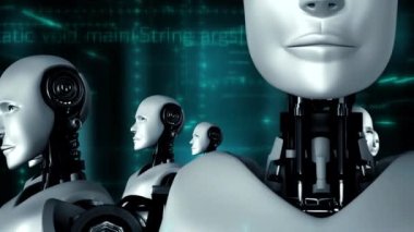 Futuristic robot artificial intelligence huminoid AI programming coding technology development and machine learning concept. Robotic bionic science research for future of human life. 3D rendering.