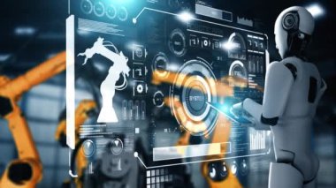 Cybernated industry robot and robotic arms for assembly in factory production . Concept of artificial intelligence for industrial revolution and automation manufacturing process .