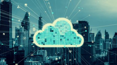 Bulut hesaplama teknolojisi ve veri paylaşımı için çevrimiçi veri depolama. Bilgisayar, bulut veri transferi için internet ağ sunucu servisine bağlanır ve 3B fütürist grafik arayüzünde gösterilir .