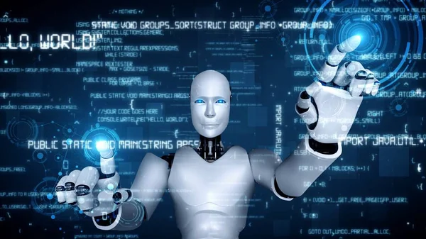 Futuristic robot artificial intelligence huminoid AI programming coding technology development and machine learning concept. Robotic bionic science research for future of human life. 3D rendering.