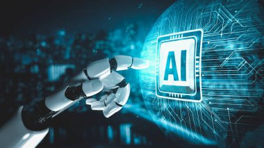 Gelecekçi robot yapay zeka yapay zeka yapay zekayı aydınlatıyor ve makine öğrenme kavramını geliştiriyor. İnsan hayatının geleceği için küresel robot biyonik bilim araştırması. 3B görüntüleme grafiği.