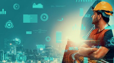 Gelecekteki bina inşaatı ve HUD hologram grafik tasarımı ile yaratıcı mühendislik projesi konsepti. İnşaat mühendisi, mimar ya da inşaat işçisi modern sivil teknoloji ile çalışıyor..