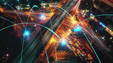 Şehir üzerinde bağlantı ağı karşılıklılığına sahip akıllı dijital şehir. Şehirdeki insanları birbirine bağlayan gelecek akıllı kablosuz dijital şehir ve sosyal medya ağı kavramı .