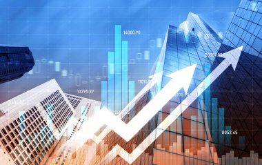 As background for a financial or business concept, digital screen and financial graphs overlap on a picture of modernistic cityscape, skyscrabbers.