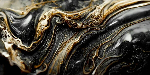 Spectacular macro image of black and golden liquid ink churning together, with a realistic texture and great quality for abstract concept. Digital art 3D illustration.