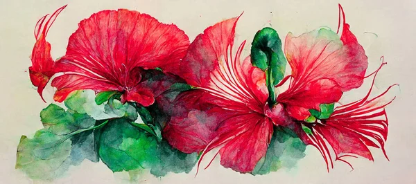 Spectacular watercolor painting of red flower and green leaf drawing in digital art 3D illustration on white background and isolated. Colorful blossom plant in watercolor painting.
