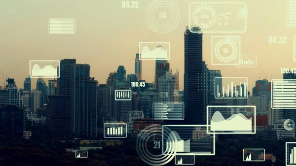 Business Data Analytické Rozhraní Létat Nad Chytrým Městem Ukazuje Změnu — Stock fotografie