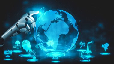 Gelecekçi robot yapay zeka yapay zeka yapay zekayı aydınlatıyor ve makine öğrenme kavramını geliştiriyor. İnsan hayatının geleceği için küresel robot biyonik bilim araştırması. 3B görüntüleme grafiği.