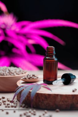 İçinde CBD yağı, tahta kasede kenevir tohumu ve bir kaşık bulunan yasallaştırılmış esrar ürünleri seti. Tıbbi ve sağlık amaçları için esrar kavramı.