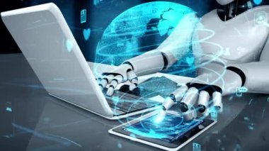 Internet connection controlled by AI robot huminoid and machine learning process to analyze data connectivity and cyber security . 3D rendering .