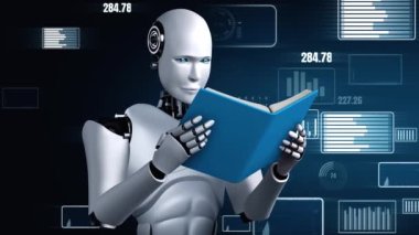 Future financial technology controll by AI robot huminoid uses machine learning and artificial intelligence to analyze business data and give advice on investment and trading decision . 3D rendering .